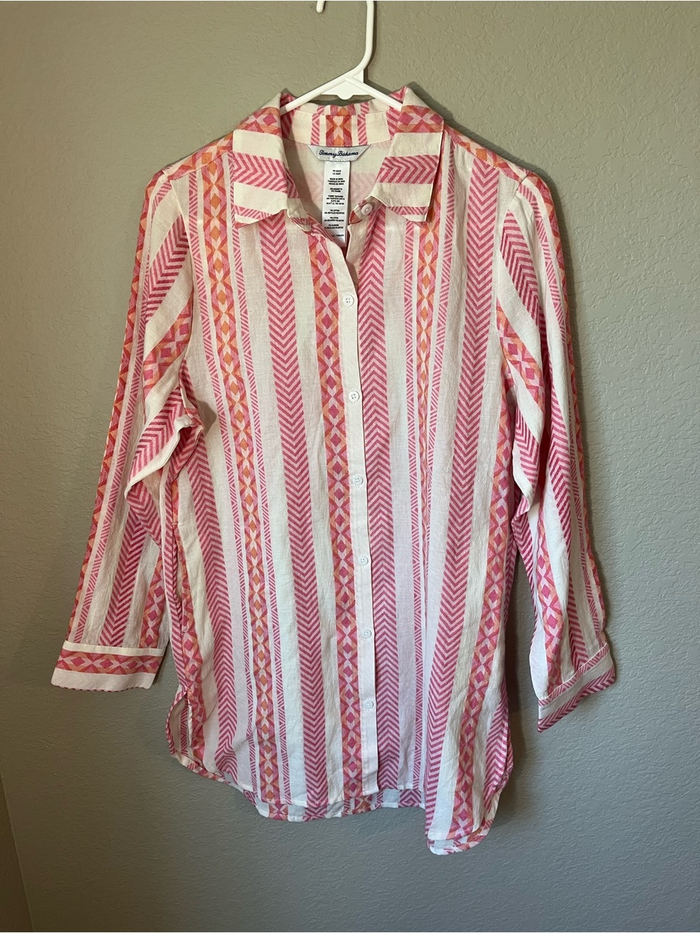 Tommy Bahama Geo Jacquard Boyfriend Beach Shirt Cover Up Pink Orange XS